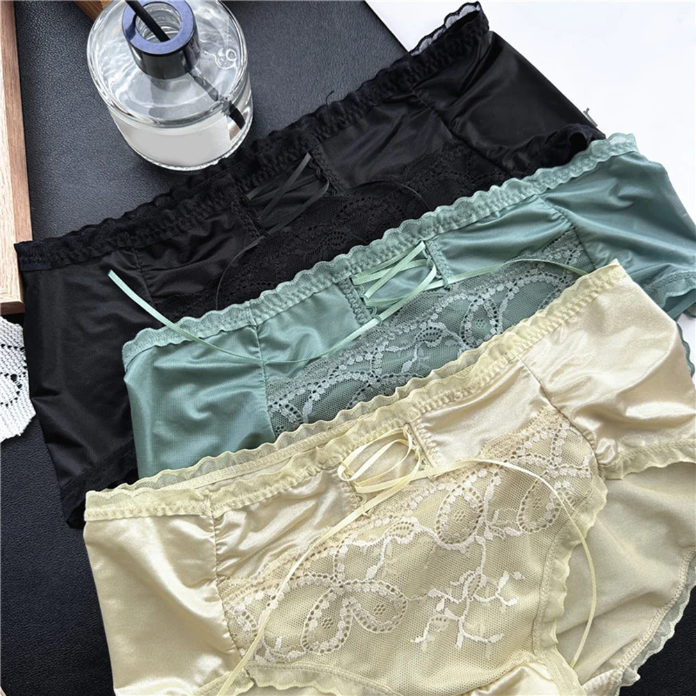 Culotte en maille glacée brillante pour femme, culotte confortable, épissure commandée, sans couture, respirante, taille moyenne, dentelle à bretelles fines, mode