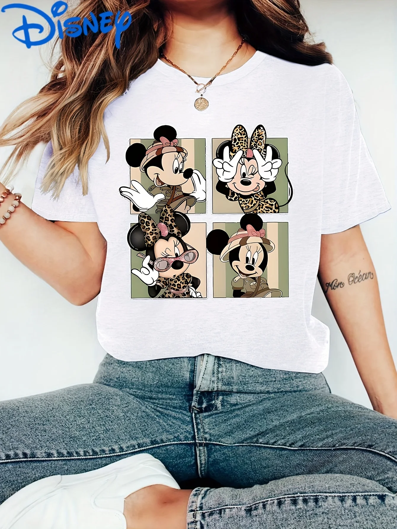 T-shirt da donna stampata con motivo Disney Minnie - Verde oliva, maniche corte da uomo e da donna, girocollo, elasticizzata