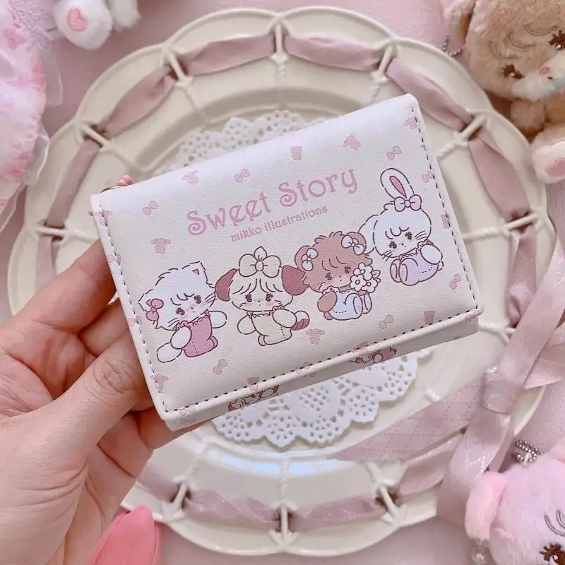 Cute PU Leather Wallet Kawaii Bunny Bear Cartoon Print Multi Card Slots Slim Purse for Teen Girls School Use