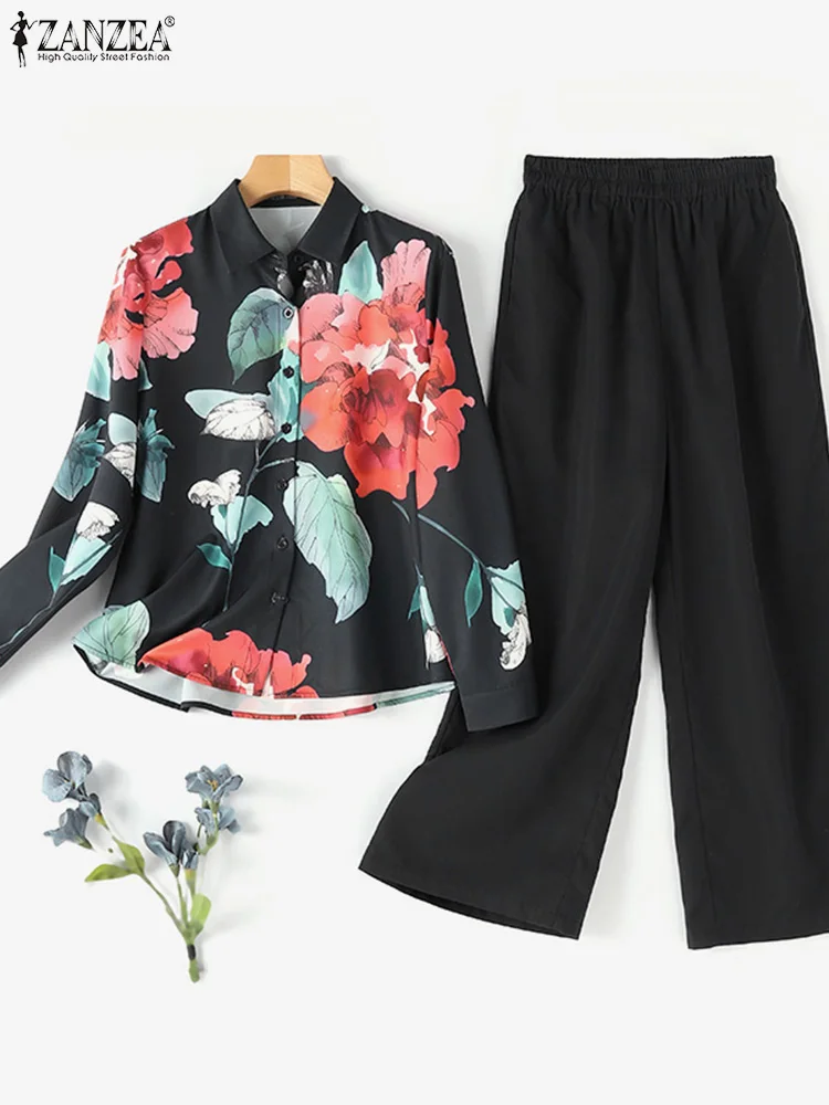 2pcs Long Sleeve Shirt Wide Leg Pants Sets ZANZEA Summer Fashion Floral Printed Tracksuit Women Casual Trousers Suits Outifits