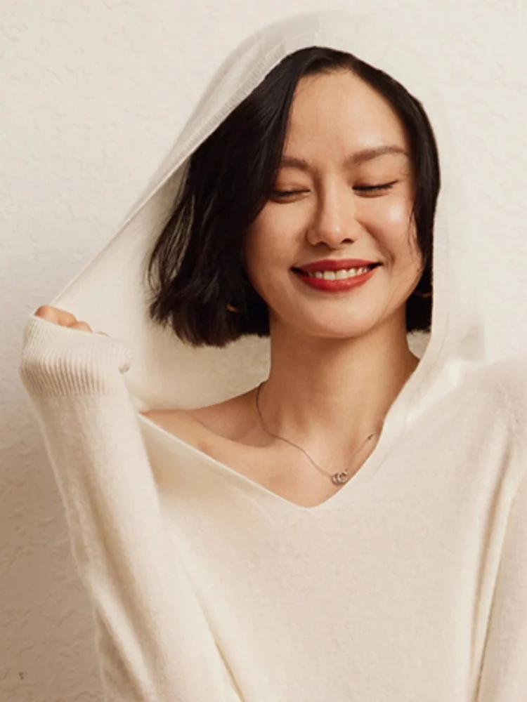 

2025 однотонный свитер, осень-зима, женский базовый пуловер с капюшоном, трикотаж из 100% кашемира, повседневная одежда высокого качества для ленивых