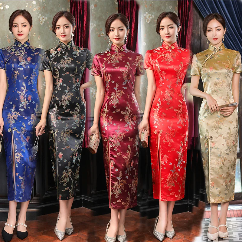 

Spring Long Cheongsam Women Short Sleeve Long Brocade Slim Fit Shanghai Qipao Chinese Dress Wedding Party Dress Women CH-008