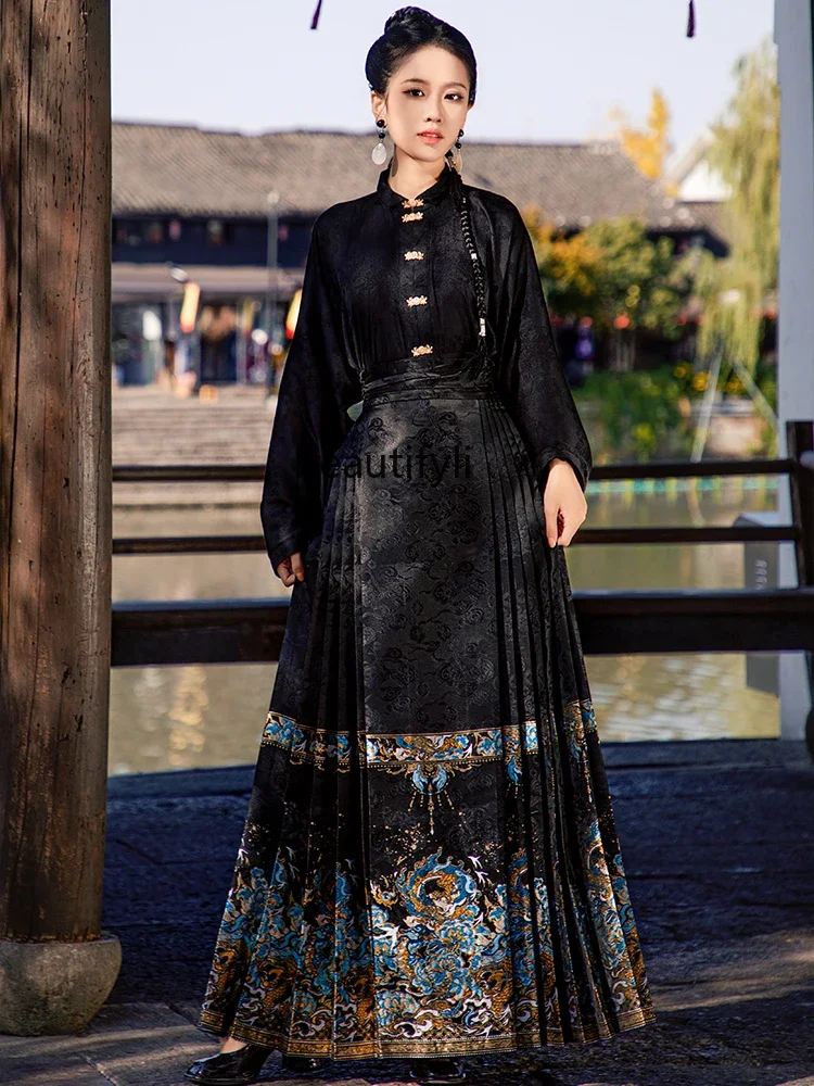 Woven Color Gold Silk Ming Horse-Face Skirt Han Elements Black National Style Skirt Women's Han Chinese Clothing