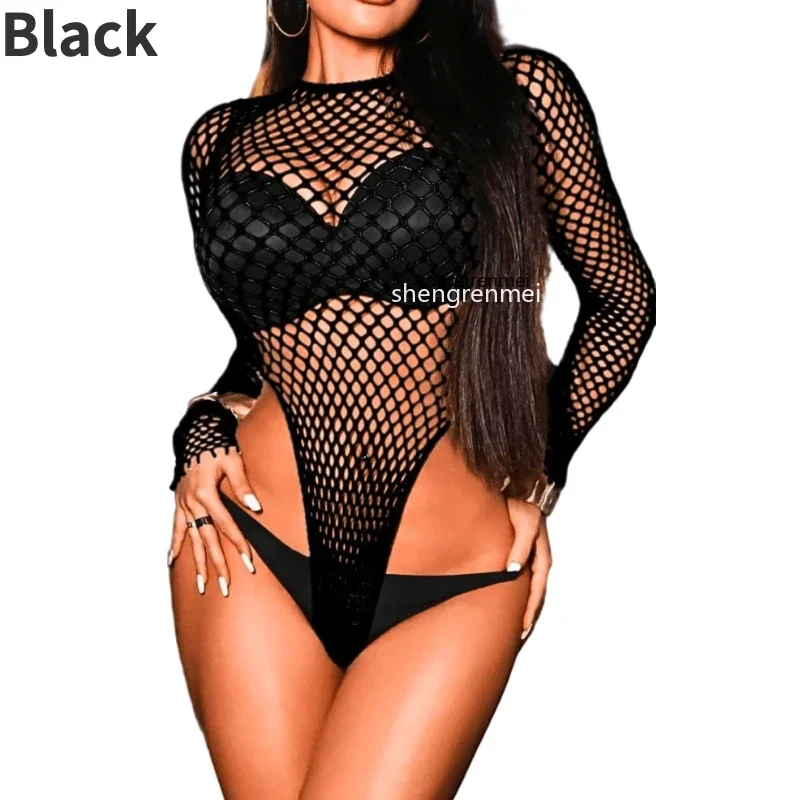 Женское нижнее белье, сексуальное боди в сеточку с высоким вырезом, прозрачный топ с длинными рукавами, клубная одежда, наряд для вечеринки и клуба, цельный пляжный костюм, lenceria