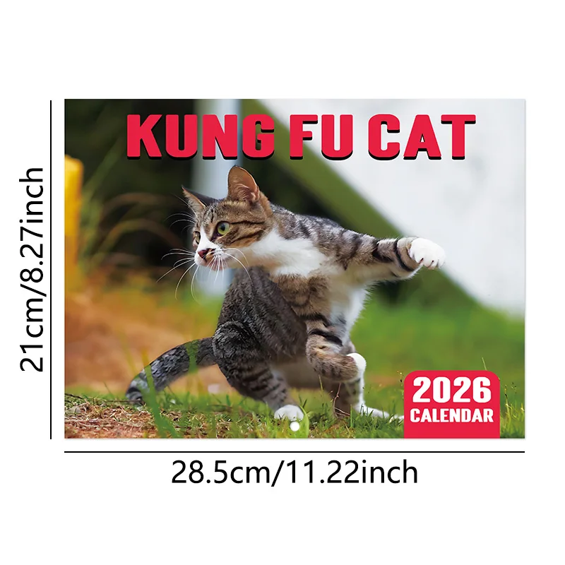 12 месяцев 2026 кунг-фу кошка календарь бумажный настенный подвесной с кошачьим дизайном для офисных принадлежностей и аксессуаров для личного планировщика