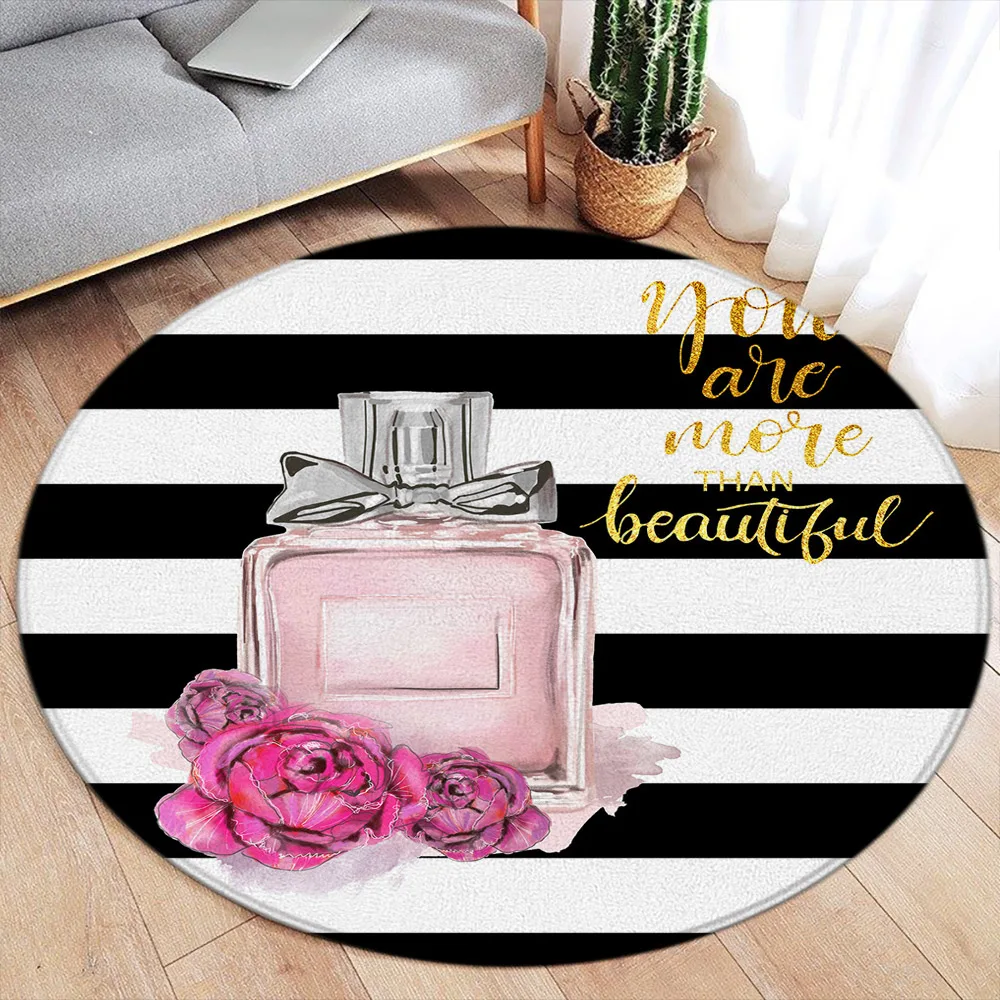 Perfume Pink Rose Round Carpet Flower Rose Lipstick Floral Round Rug Modern Flannel Round Mat Bedroom Living Room Area Rug