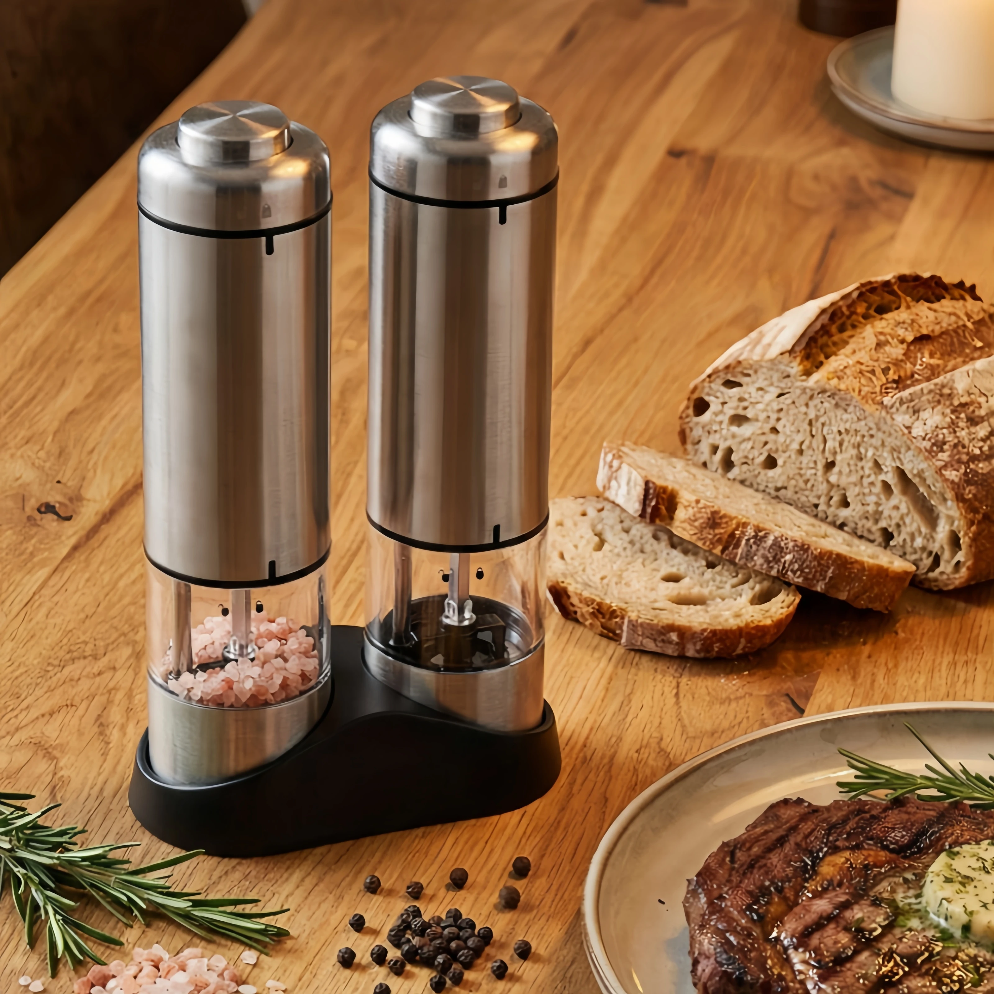 

Электрическая мельница для перца и соли из нержавеющей стали со светодиодной подсветкой, регулируемая грубость для кухни