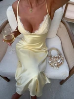 Yellow Satin Lace Dress Women Sexy V-neck Sleeveless High Waist Slim Suspenders Maxi Dresses 2026 Summer Lady Dinner Party Gown - Image 6