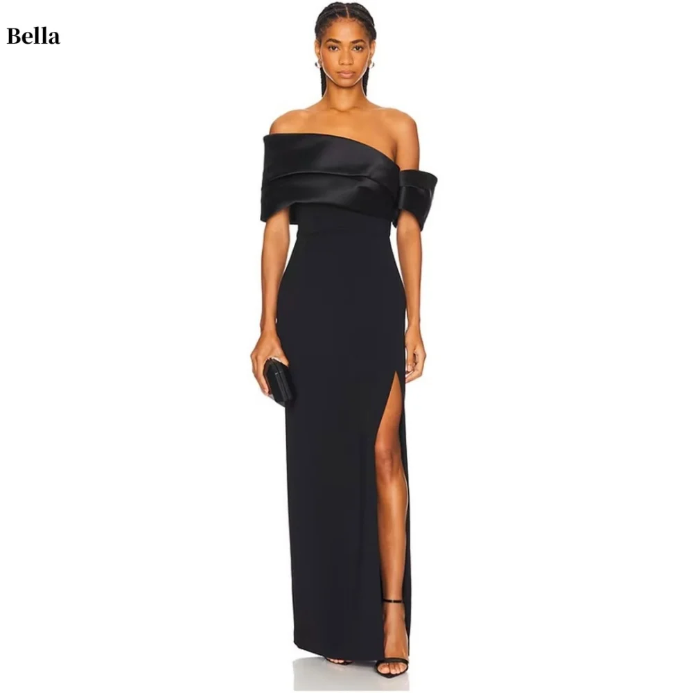 

Bella Customized Black One Shoulder Side Slit robes de soirée Satin Strapless Sleeveless Party Dresses Ankle-Length Prom Dress