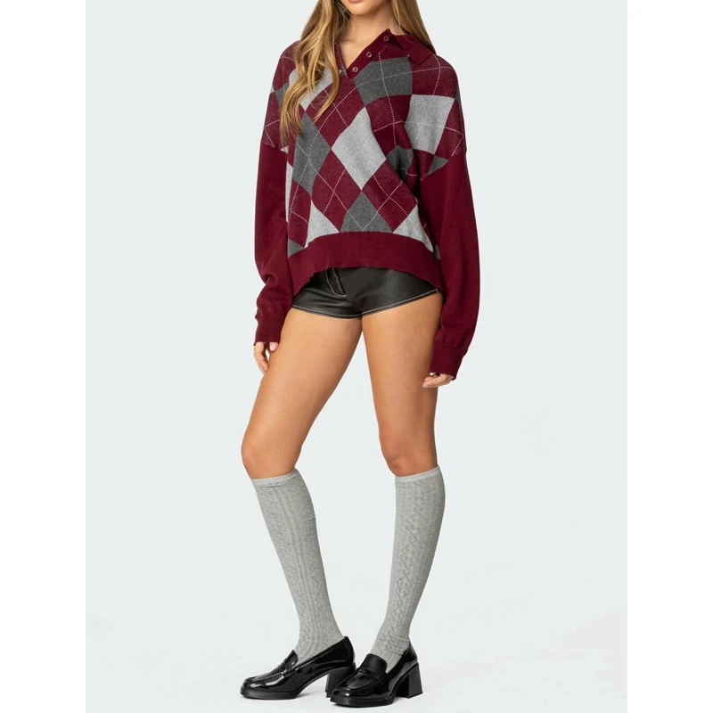 เสื้อสเวตเตอร์ไหมพรมคอวี แขนยาว ทรงหลวม สไตล์ Y2K ลาย Argyle สำหรับผู้หญิง แบรนด์ Combhasaki สีสันสดใส สไตล์ Preppy