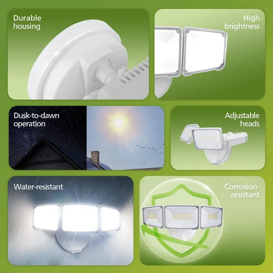 72W 7400LM Luci di sicurezza dal tramonto all'alba Luce di inondazione in alluminio a LED per esterni 3 teste regolabili Luce diurna 5000K impermeabile per Garag