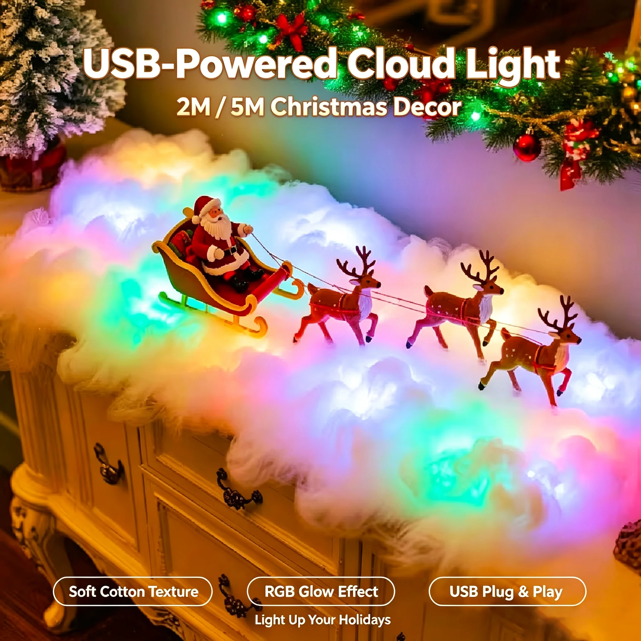 RGB Cloud Light USB Powered, 2M/5M Multicolor Changing LED Cloud Lamp for Christmas Halloween Party Gaming Room Home Decoration
