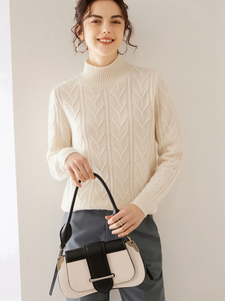 ADDONEE Women Cashmere Sweater Autumn Winter Mock Neck Cable Knit Pullover 100% Cashmere Knitwear Female Clothing Soft Warm Tops