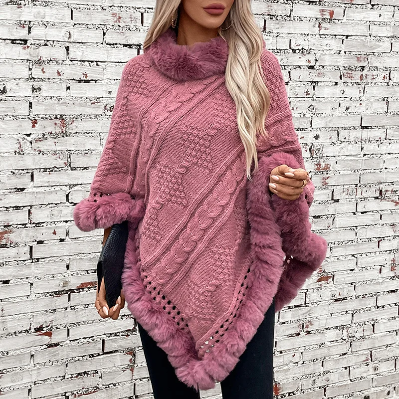 Women\'s Winter Women\'s Loose Plus Size Warm Imitation Rabbit Fur Collar Cloak Female Coarse Fried Dough Twists Sweater Coat