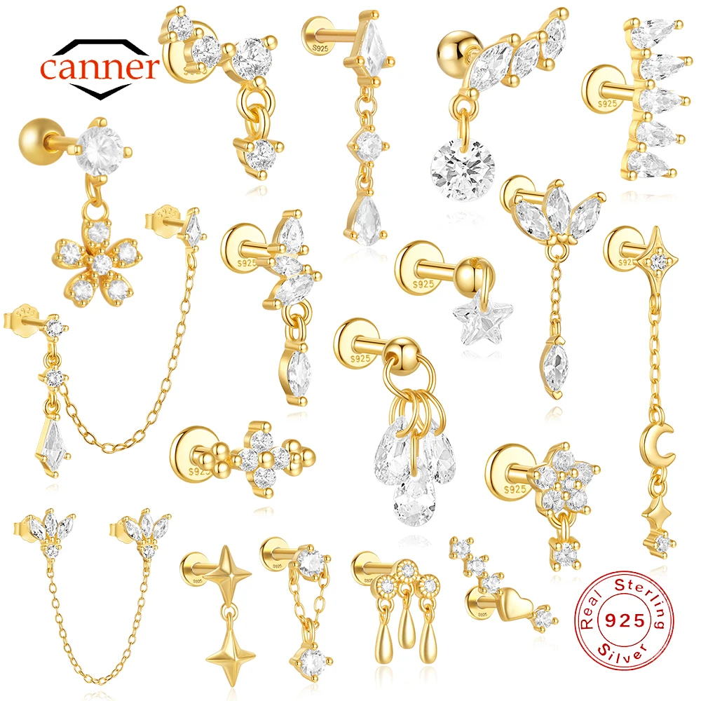 

Серьга-гвоздик CANNER 1 шт. из стерлингового серебра 925 пробы с четырехконечной звездой, луной, кисточкой и лотосом, спиральная, для пирсинга хряща, для женщин, в стиле Ins