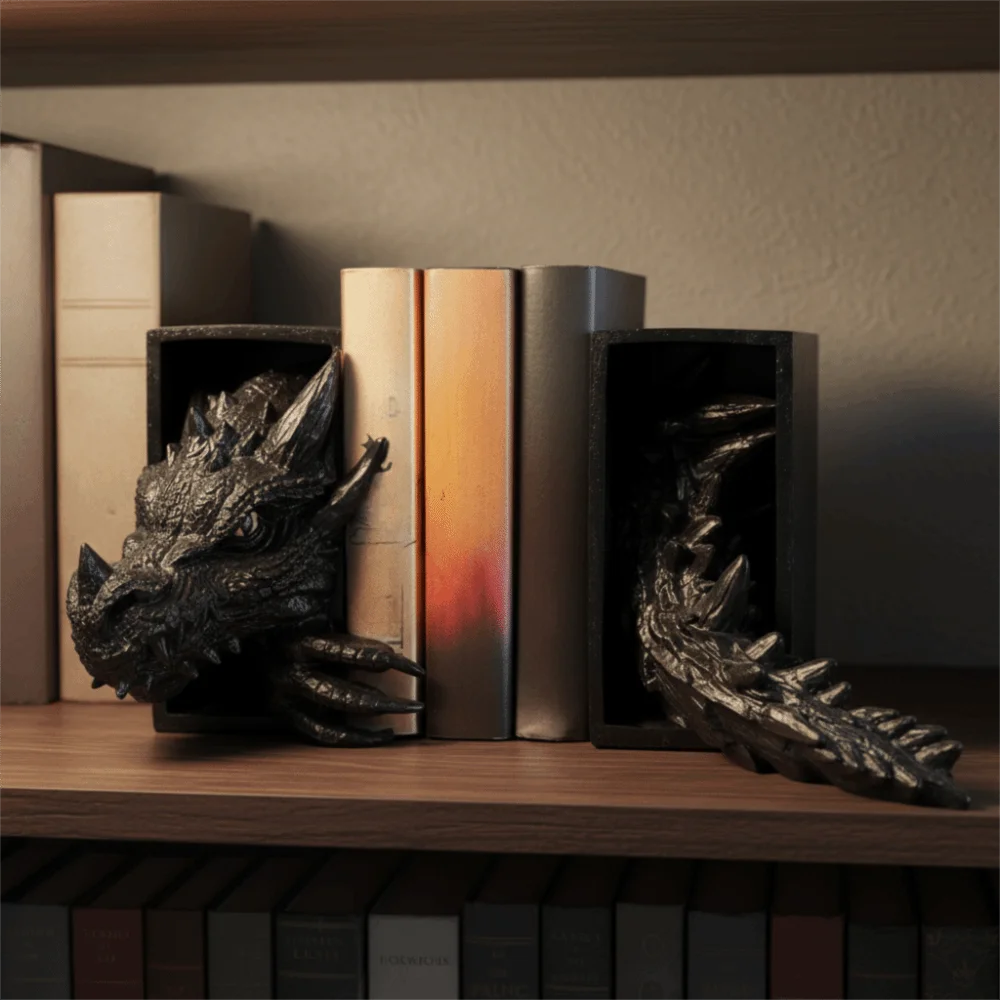 Unique 3D Dragon-Shaped Book Stand Set Resin Vintage Dragon Bookend Decoration Medieval Bookshelf Dragon Ornaments File Cabinet