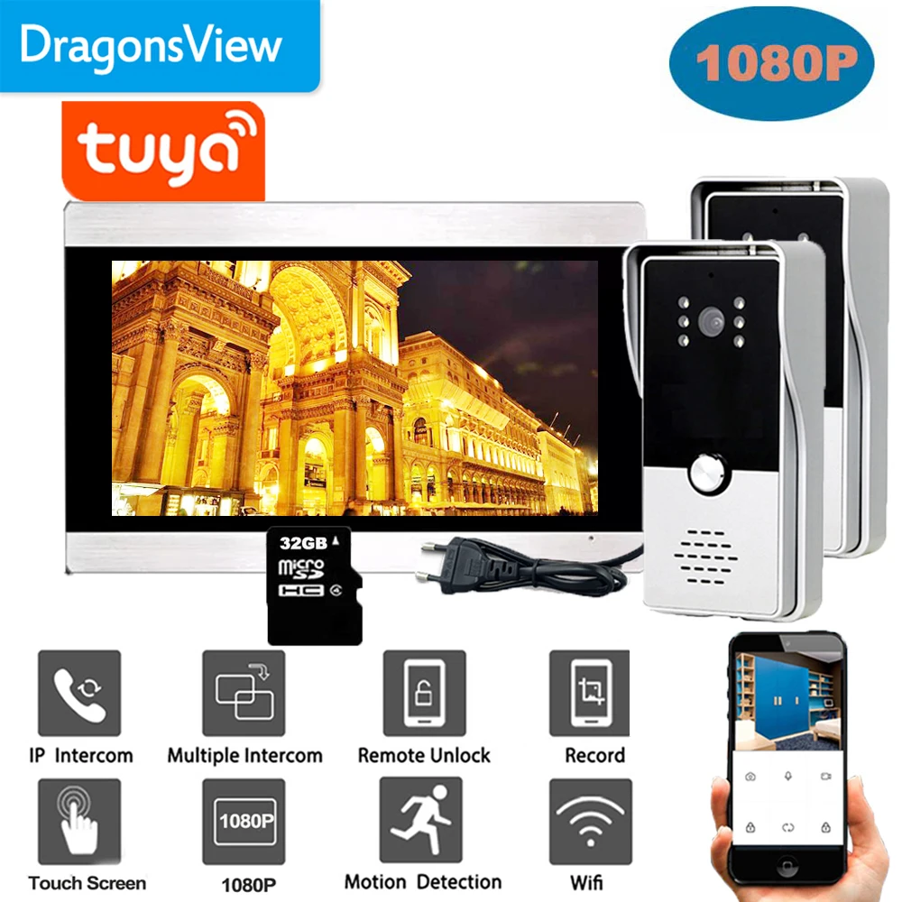 Dragonsview 7 "1080P Wifi wideodomofon z monitorem i dzwonkiem do drzwi kamera bezprzewodowy inteligentny domofon z ekranem dotykowym odblokowuje nagrywanie