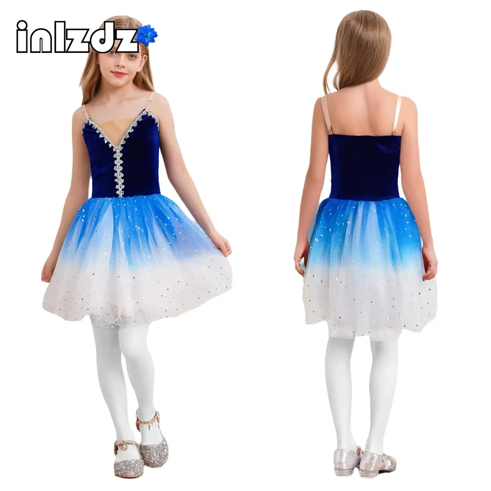 

Kids Girls Ballet Dance Dress Set Sleeveless Velvet Bodice Sequined Layered Tulle Tutu Dress with Headwear Performance Costume