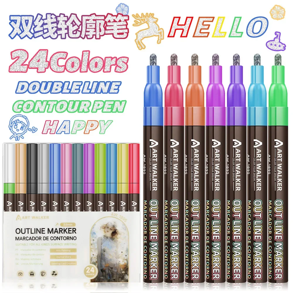 8/12/24Colors Double Line Contour Pen,Hand Account Fluorescent Pen,greeting Card,Children's Graffiti,Color Suit