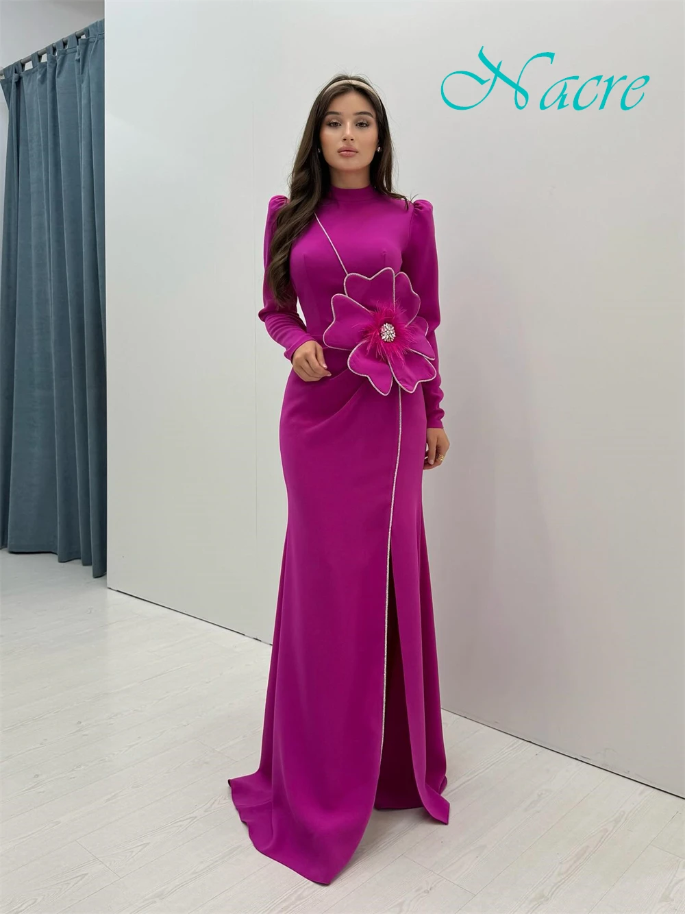 Personalizado requintado vestido de noite de gola alta delicado mangas compridas vestidos de baile luxo varredura trem vestidos de ocasião especial