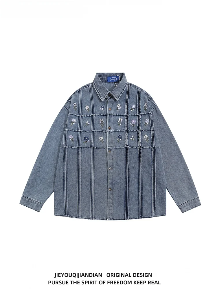 

American Sle Loose Fit Long Sve Embroidered Denim irt for Men And Women Spring Autumn Vintage Open Cardigan Jaet