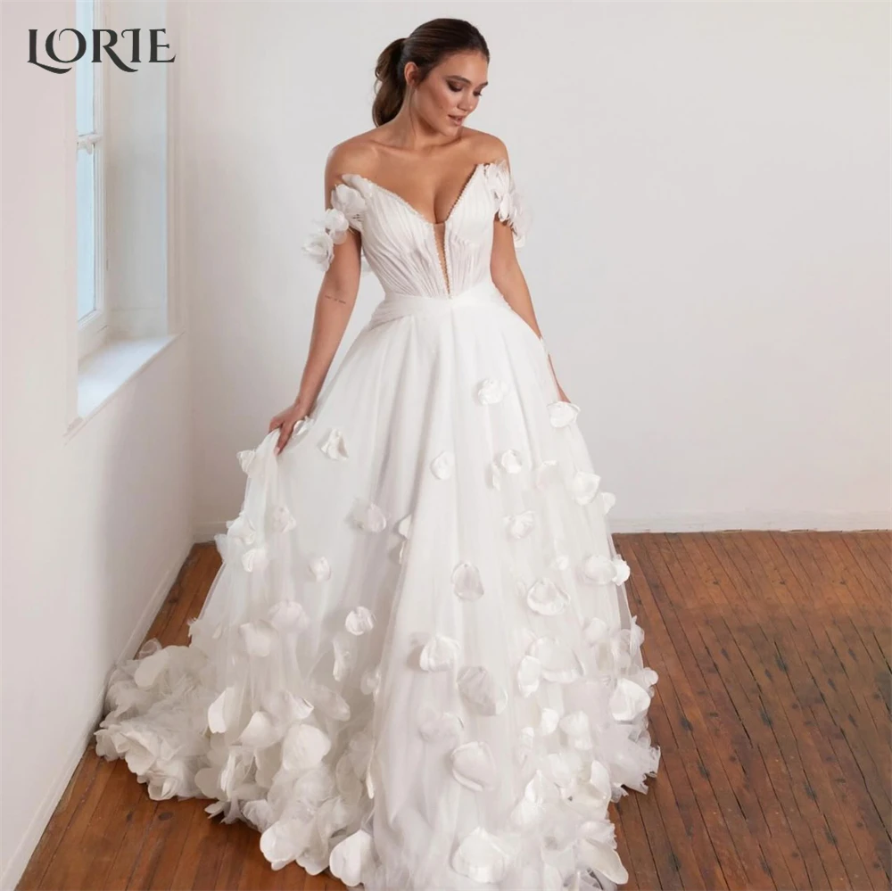 LORIE Bohemia Lace Wedding Dresses V-Neck A-Line 3D Flowers Backless Bridal Gowns Off Shoulder Sleveless Princess Bride Dress