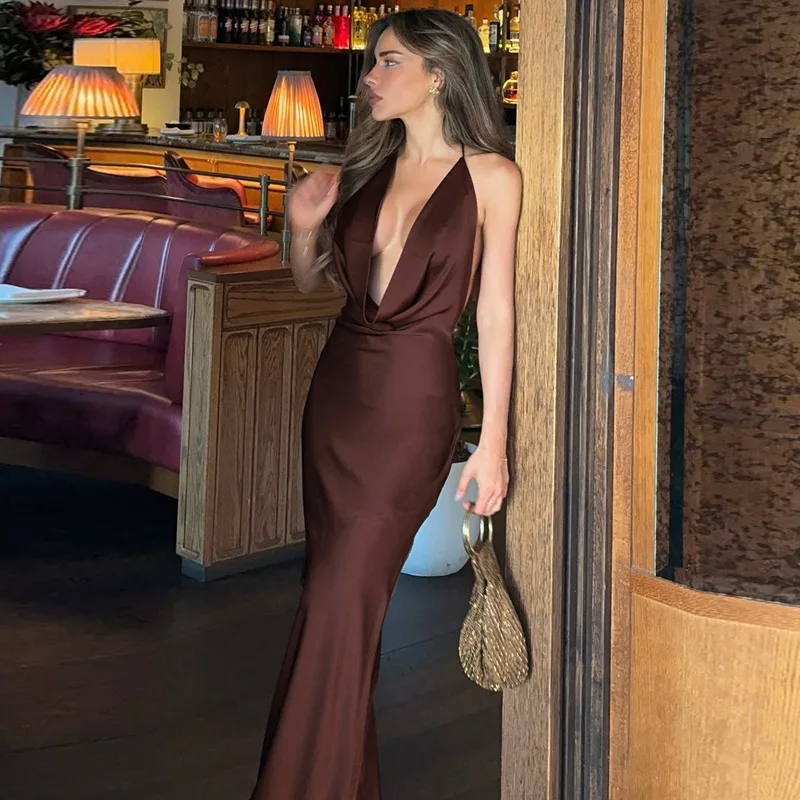 DSMTRC 신상 백리스 섹시 맥시 브라운 드레스 여성용 우아한 홀터 딥 V넥 민소매 하이웨이스트 바디콘 클럽 파티 드레스