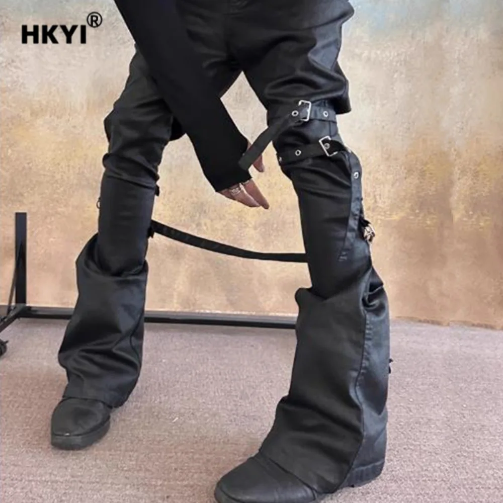 

HKYI мужские ковбойские восковые брюки с ремешком на липучке, расклешенные брюки с металлической пряжкой и ремешком, брюки в стиле панк