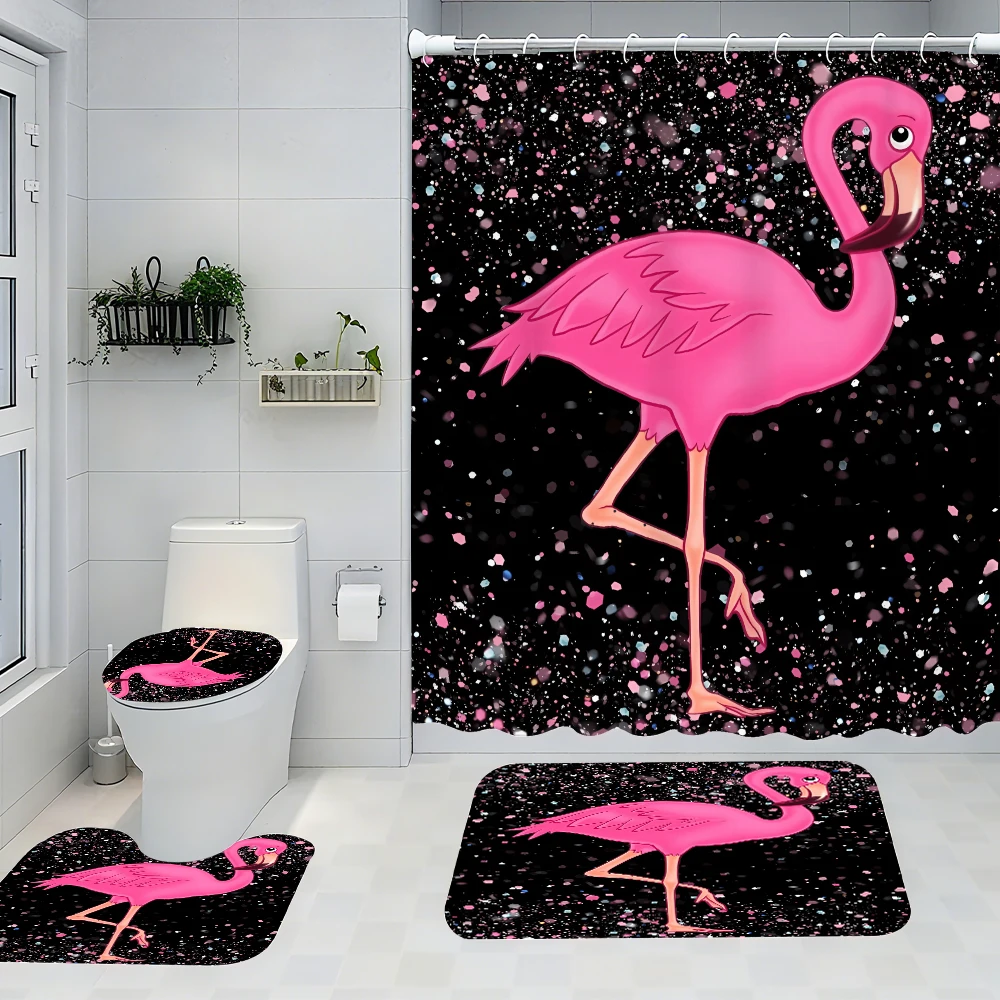 

4pc diamond flamingo bath curtain, 2D flat printing. Bathroom partition curtains, home decoration, modern home Windows