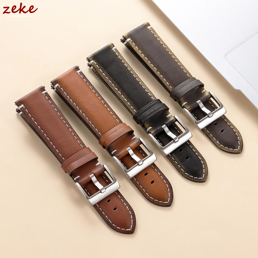 20mm 22mm Universal Vintage Oil Wax Leather Watch Straps Brown Head Layer Watch Band Quick Release Bracelet Men with Pin Buckle