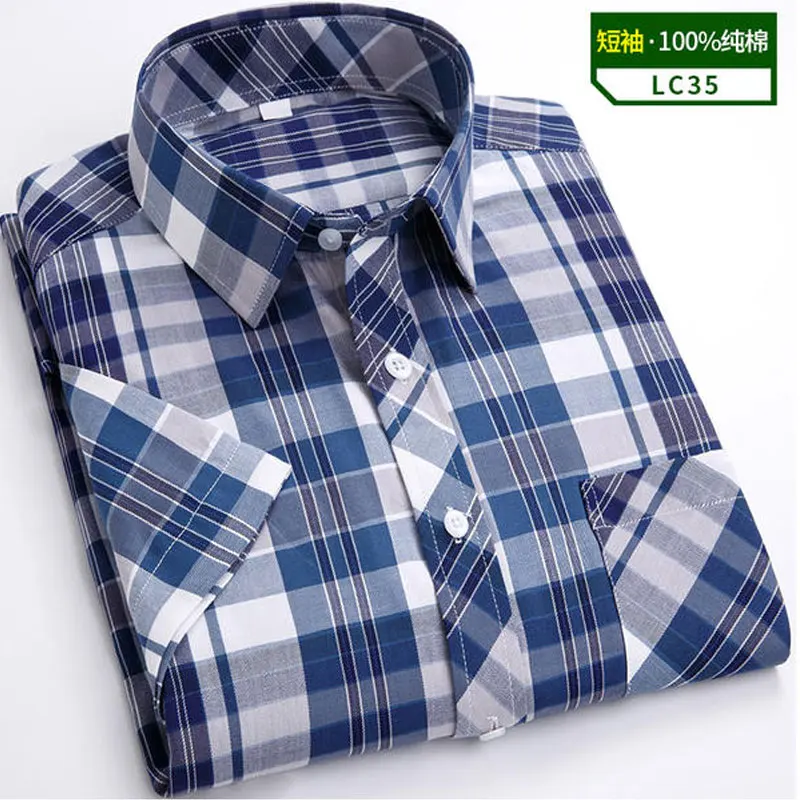 7XL 8XL Men\'s short sleeve shirt Summer 100% cotton high quality thin fashion plaid casual free wear breathable plus size