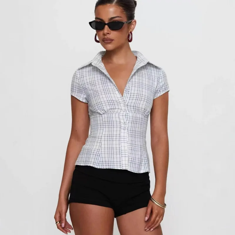 

Princ Polly Spring Summer Plaid irt Women's ort Sve Waist Cinched Blouse Collar Cotton 00% Regular Fit