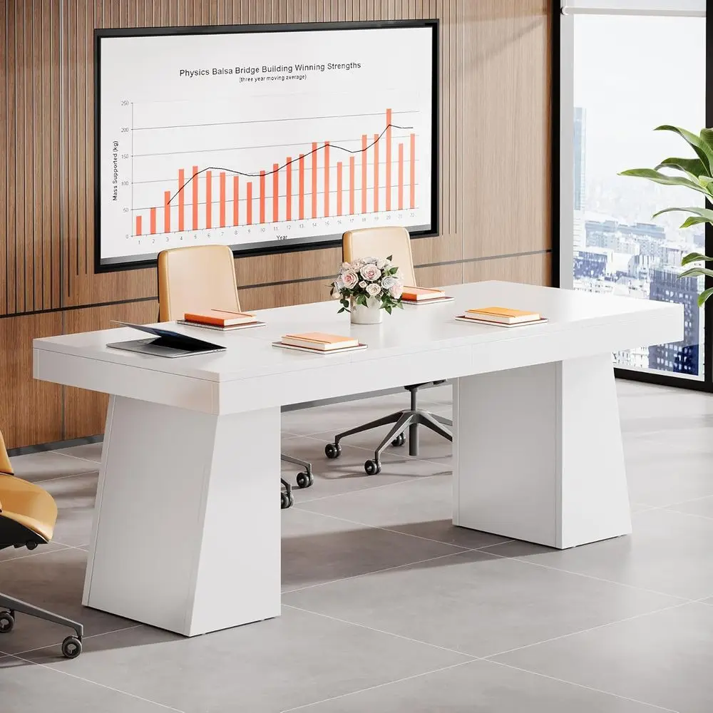 55.1" W Conerence Table or 4 People, Small Meeting Table with Thick Tabletop and Double Trapezoidal Legs, ern Wood Seminar Desk