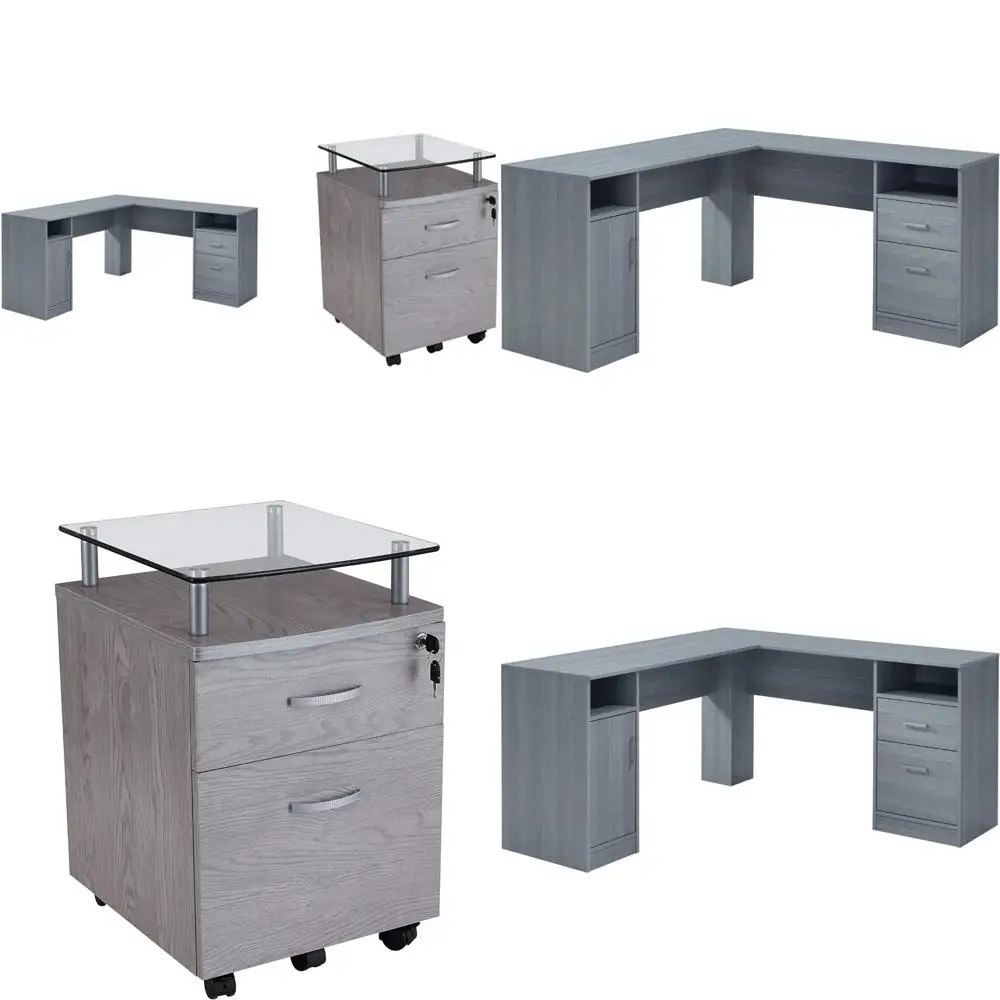 

Functional L-Shaped Desk with Rolling File Cabinet, Grey