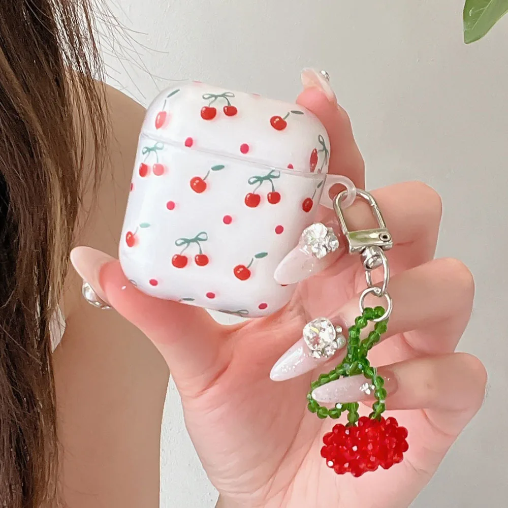 For AirPods Pro 2nd Case Cherry Cartoon Soft Silicone Cover For AirPods 4 3 1 2 Girls Earphone Box Shell With Crystal Pendant