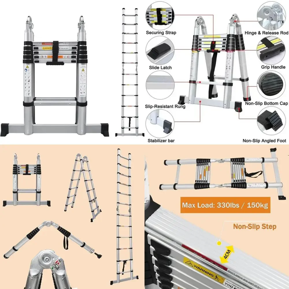 Escalera telescópica de aluminio tipo A, plegable portátil de 12,5 pies con barra estabilizadora, extensión de 6,2 pies, diseño 2 en 1 para Versat