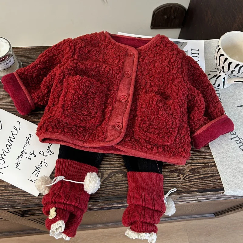 

Children's Clothing New Winter Girls' Fake Two-Piece Color Block Sweater Pile Socks Fleece-Lined Leggings Two-Piece Set