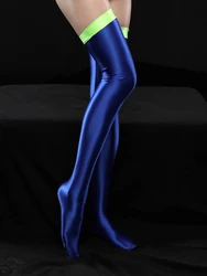 Sexy Women Patchwork Oil Glossy Shiny High Stocking Satin Smooth Vintage Tight Shaping Stockings Overknee Dance Wear