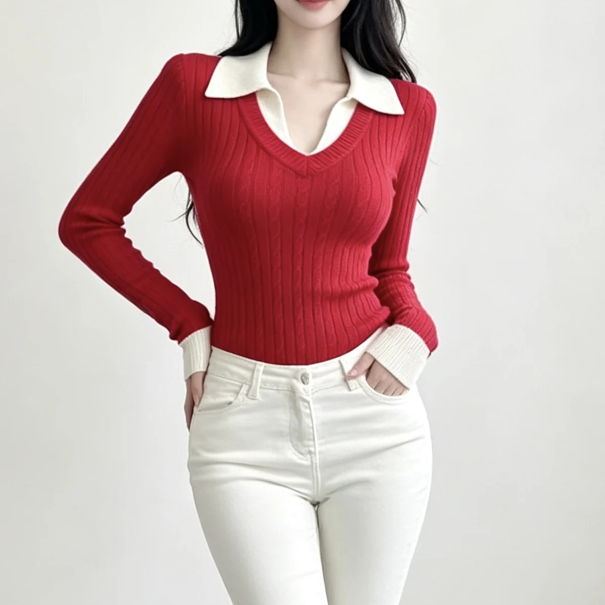 Premium Knitted Shirt Collar Color Block Slim Fit Base Layer Top Women's Fashion Commute Style Long Sleeve  Color T-shirt