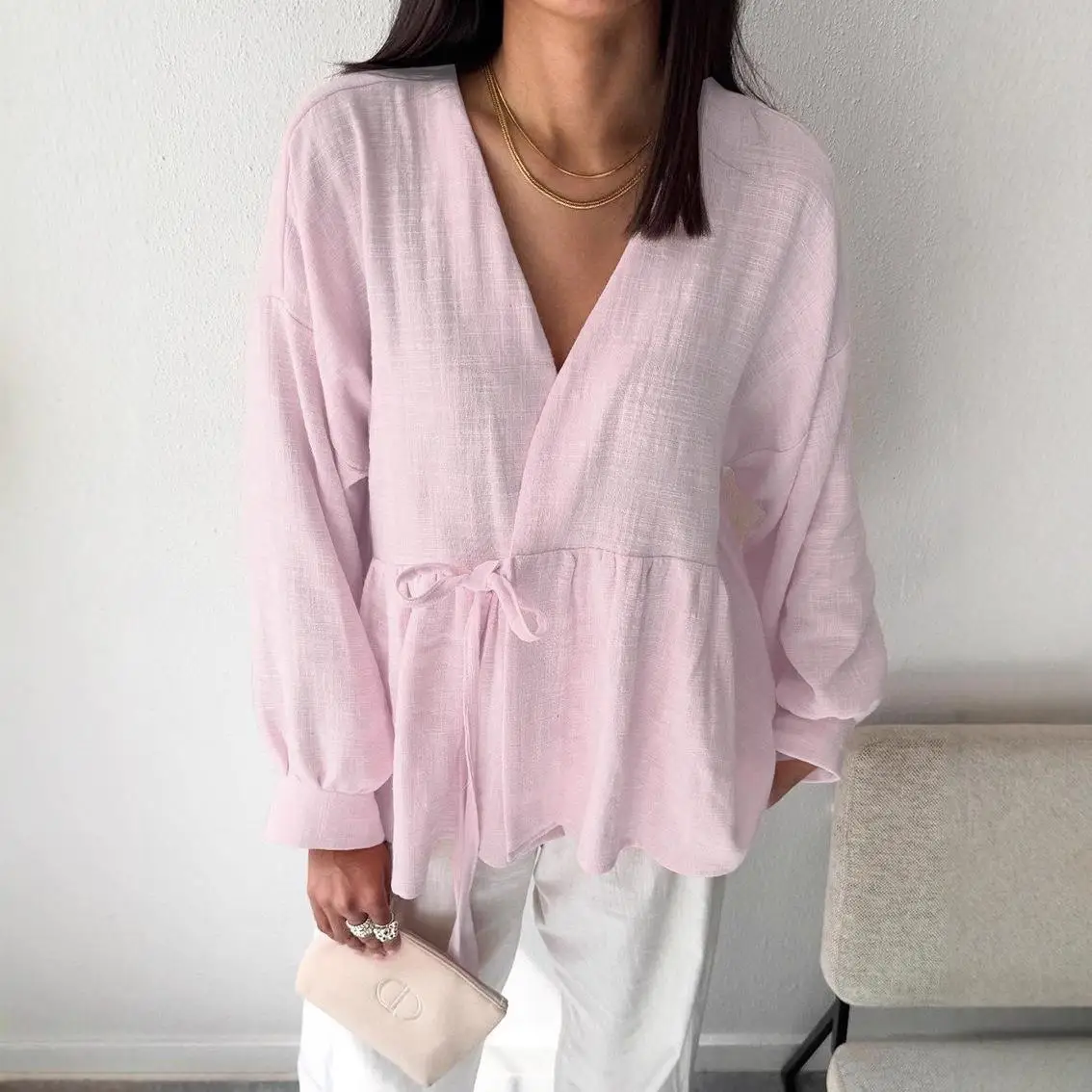 Women's Cotton Linen Long Pants Set V-ne Soft Comfortable New Faion Spring Autumn Casual Sle Pure Color irt