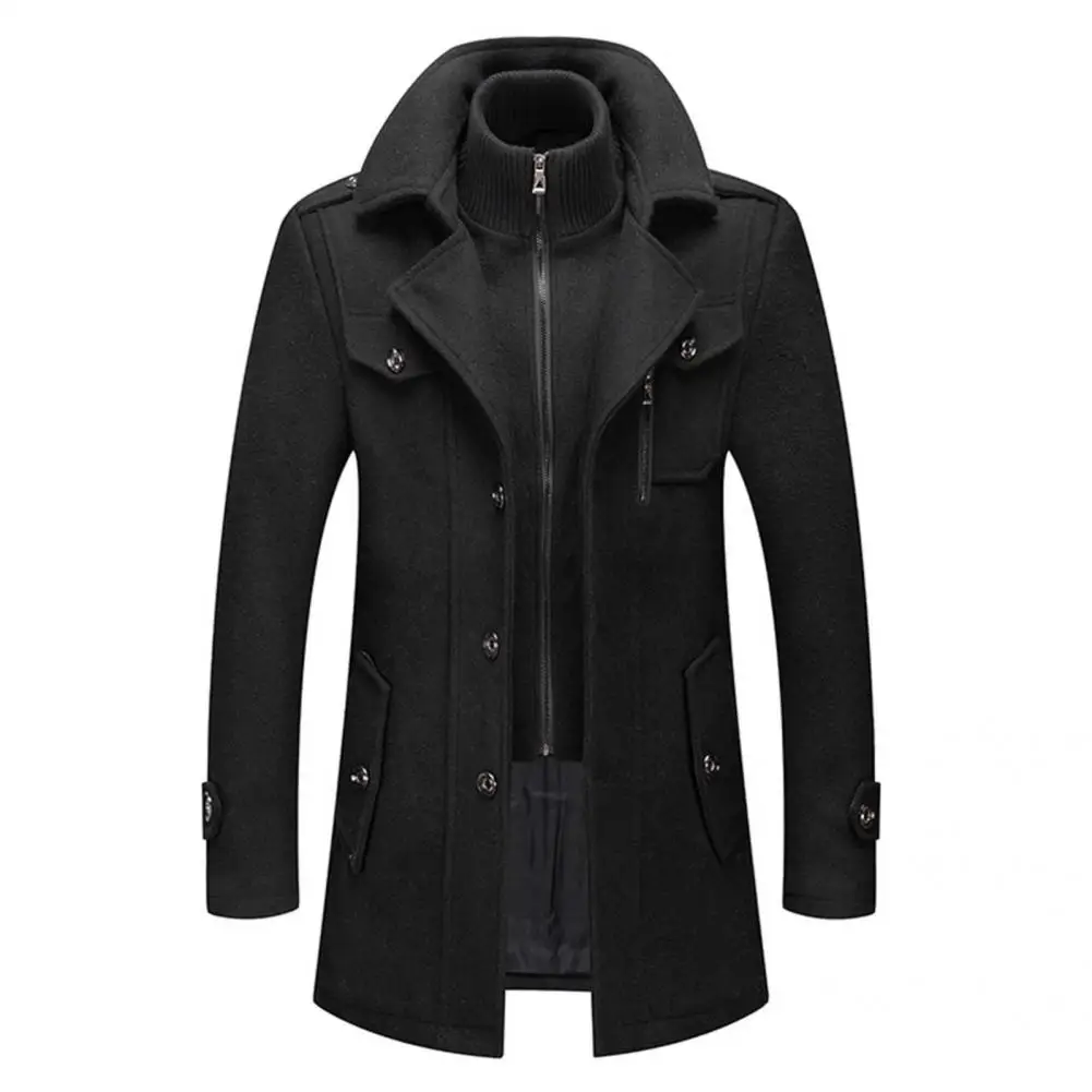 Jaqueta quente de comprimento médio masculina, trench coat simples, manga comprida, lapela, outono, inverno