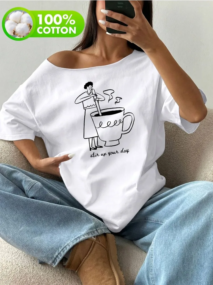 Women Fashionable Casual Printed Short-Sleeve Y2K T-Shirt Featuring A Woman Holding A Coffee Cup with The Stir Up YourDay Slogan