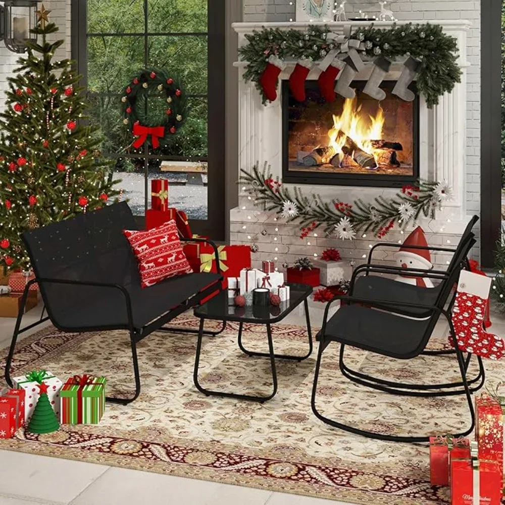 

4 Piece Patio Furniture Set, Small Backyard Bistro Rocking Chairs, Loveseat and Glass Table, Textilene Outdoor Conversation Set