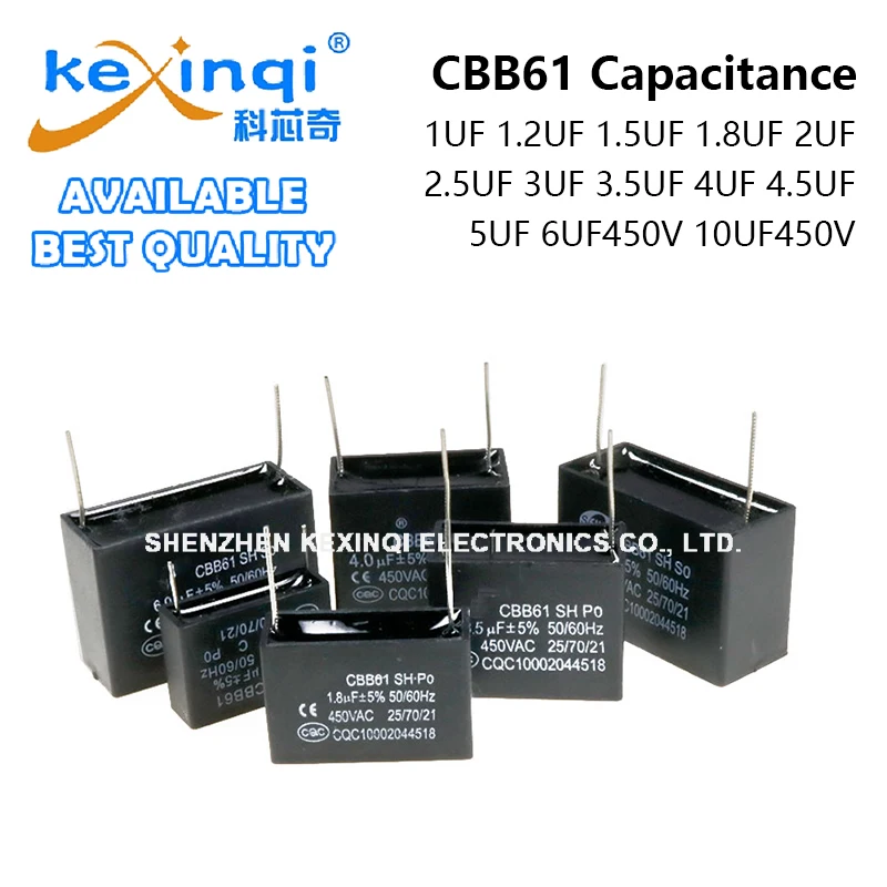 Condensador CBB61 450V 1UF 1.2UF 1.5UF 1.8UF 2UF 2.5UF 3UF 3.5UF 4UF 4.5UF 5UF 6UF 10UF 450V 2 Pines
