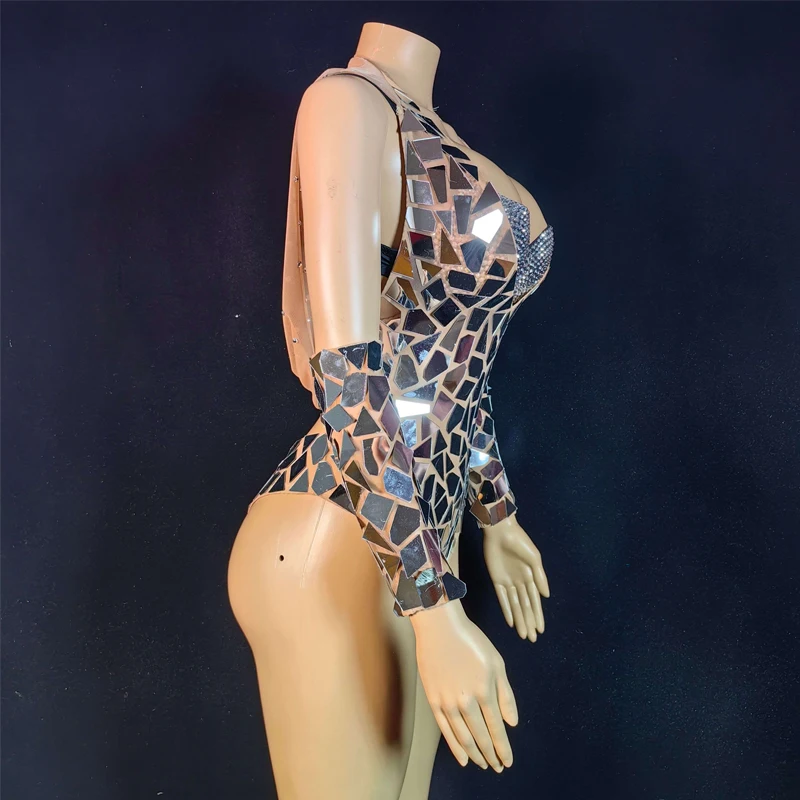 Women Group Jazz Dance Outfit Mirrors Bodysuit Rhinestones Bra Nightclub Ds Dj Gogo Dance Costume Stage Rave Outfits XS9750