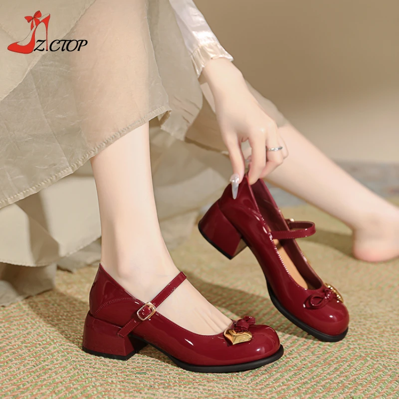 

Red Mary Jane Shoes Women Cute Heart Bow Lolita Round Toe Chunky Heels Patent Leather Low Heel Pumps Dress Shoes Black White