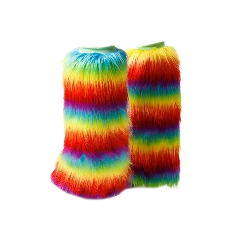 

Women Vintage Rainbow Colorful Plush Leg Warmer Fuzzy Thickened Boot Toppers Cuffs Furry Leg Cover Long Socks Partywear