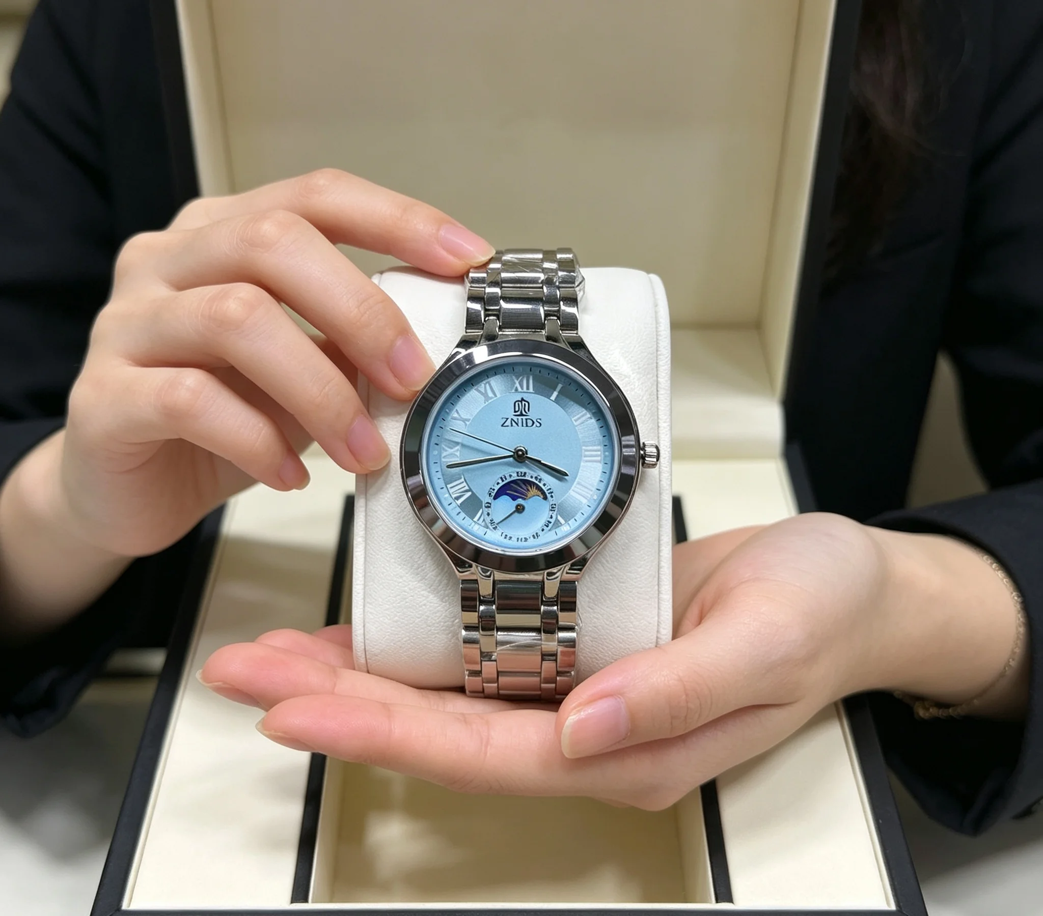 Fashionable Women's Quartz Watch with Luxurious Stainless Steel Strap, Moon Phase Display, Elegant Roman Numeral Design, Casual Dress Watch, Women's Watch for Daily Wear