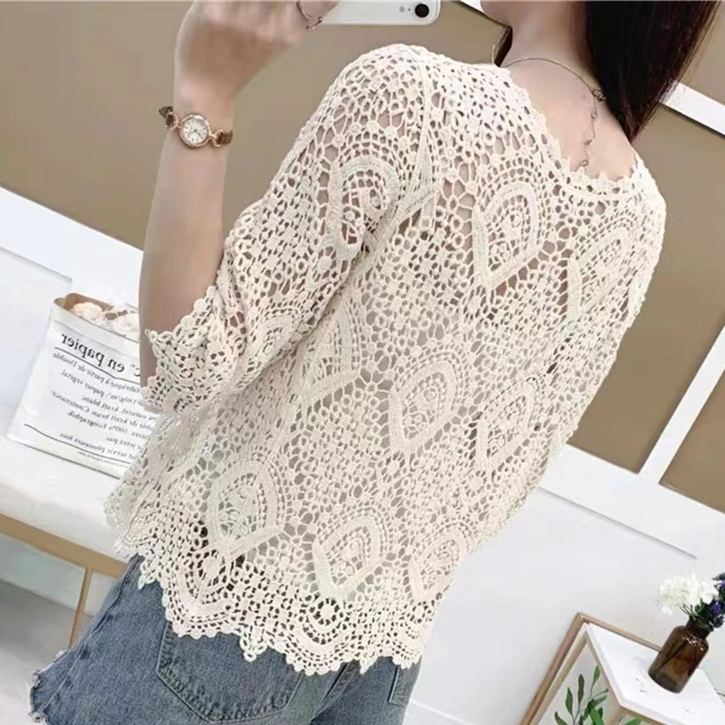 Women Knitted Lace Shrug Boho Hollow Crochet Floral 3/4 Sleeves Open Front Cropped Cardigan Elegant Mesh Sweater Coveup