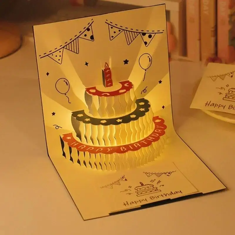 3D Light Music Birthday Card Pop Up Cake Creative Greeting Card Happy Birthday Party Gift Message Cards